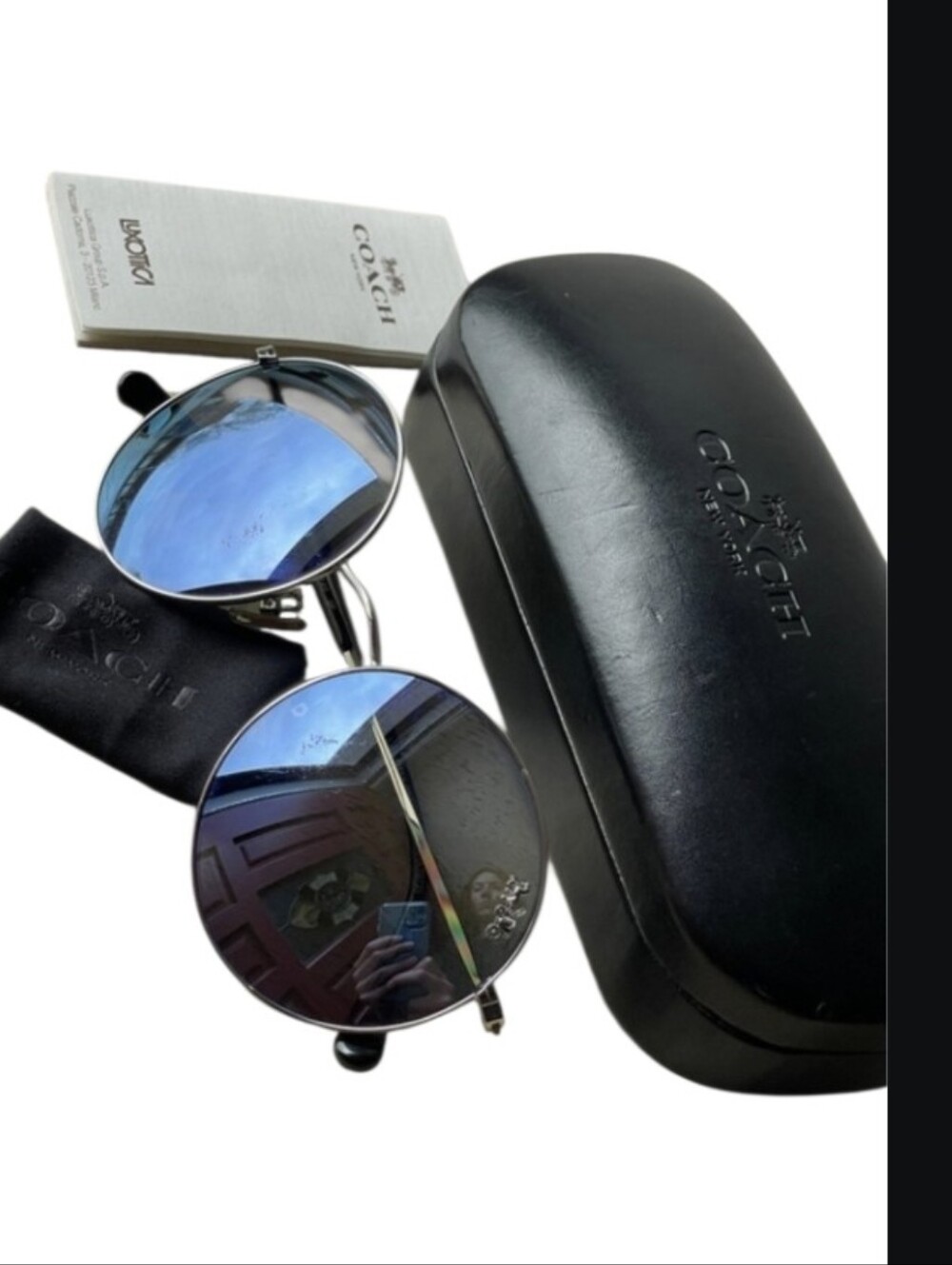Coach Unisex Mirrored Round Sunglasses, Cleaning Cloth, Case, And Booklet In EUC